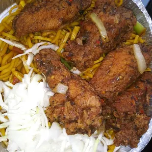 Jerk fried chicken wings with vegetable lo mein spicy lovers only