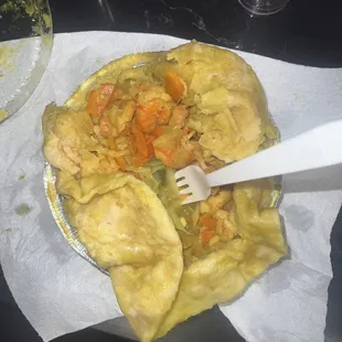 BBQ jerk wings and shrimp roti  The shrimp literally falls apart. I am so disappointed. No flavor.