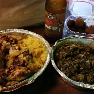 Sweet get spicy jerk chiken..callaloo. .fried plantains!  Jerk..not for the faint of heart!