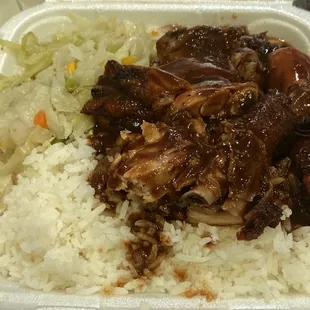 Jerk Chicken with white rice and cabbage