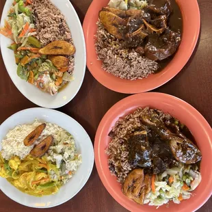 three plates of food on a table