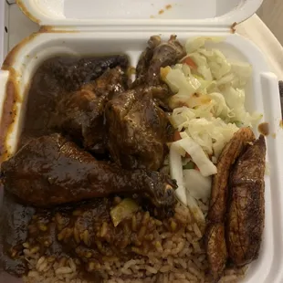 Small Jerk Chicken with rice&amp;peas and cabbage