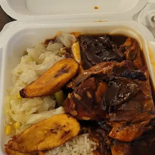 Bbq Chicken,  white rice , cabbage and plantains