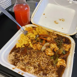 a meal in a styrofoam container