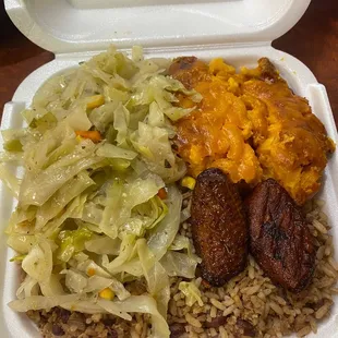 Veggie plate - cabbage, rice &amp; beans, macaroni &amp; cheese, and plantains