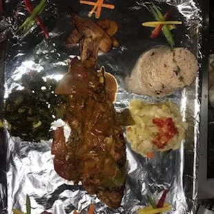 Red snapper ,cabbage, rice and peas,collard greens