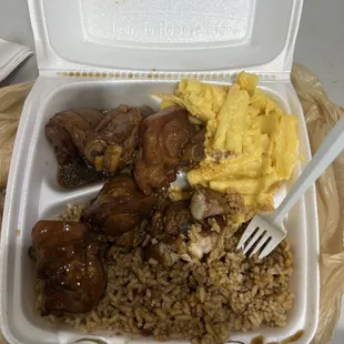 Stew chicken, rice and beans, and nasty Mac &amp; cheese