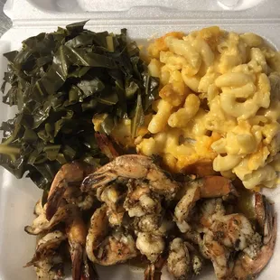Jerk Shrimp, Mac and Greens