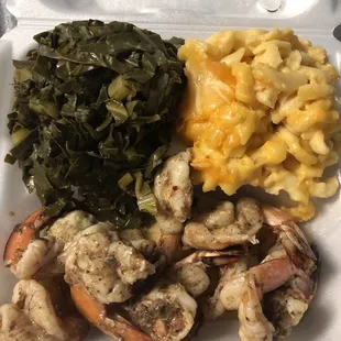 Jerk Shrimp, Mac and Greens
