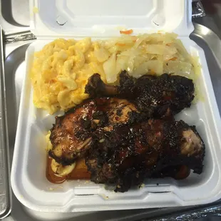 Jerk Chicken, Mac and cheese and Cabbage