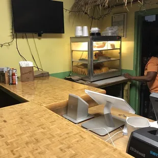 Counter top, you can see the patties in the back