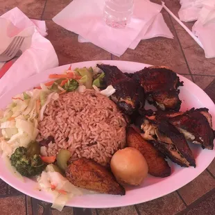 Jerk chicken meal, you can eat this and take half to go.  Portions are a  healthy size.