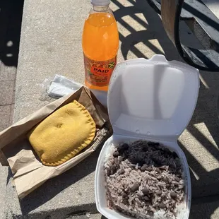 Beef and Cheese Patty, white rice and beans, Bigga orange soda