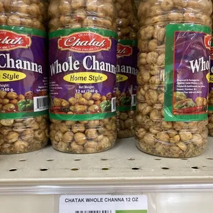 Roasted chickpeas (garbanzos) in plastic bottles.