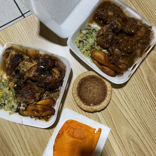 Small oxtail plate upper right, middle sweet potato pie, bottom middle chicken patty, &amp; to the left small jerk chicken