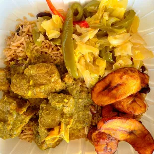 Curry goat, Beans and Rice, Cabbage/Plantains.