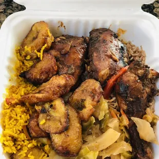 Jerk Chicken, red beans and rice, cabbage and plantains.