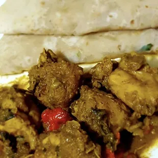 Curry chicken and roti.