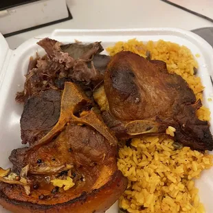 Rock hard pork chops, delicious pernil, rice