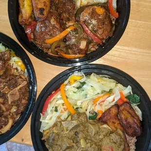 Goat curry, oxtail and brown stew chicken