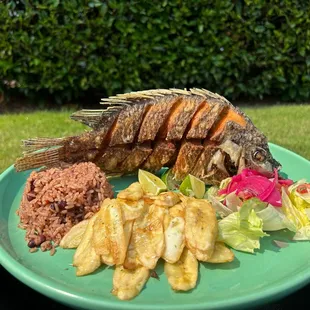 Pescado Frito:
Whole deep fried Tilapia coconut rice and beans with banana chips.