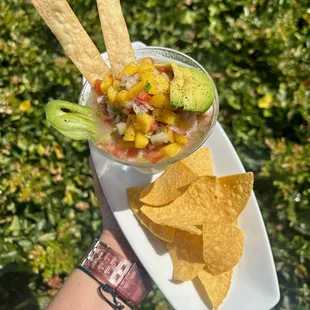 Tropical ceviche  
Shrimp and fish in lime juice with yellow and red onions, jalapeño, then topped with sliced avocado and pico de gallo.