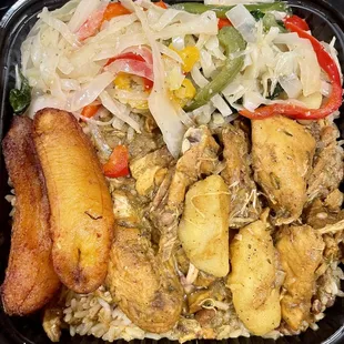 Curried Curry Chicken Rice &amp; Peas Vegetable Medley Sweet, Fried Slices of Plantains