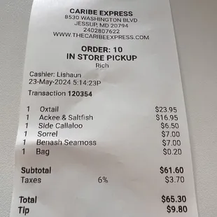 Receipt - to give ton an idea of price points