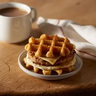 a waffle sandwich on a plate next to a cup of coffee