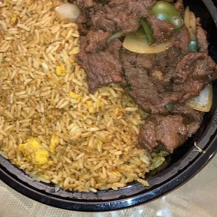 Egg fried rice and Pepper Steak