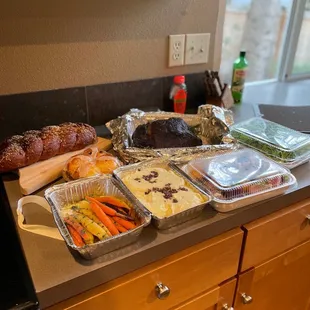 Complete dinner for 2, in reheat-able containers. Bread, carrots, truffle potato&apos;s, prime rib, lobster bisque and arugula beet salad.