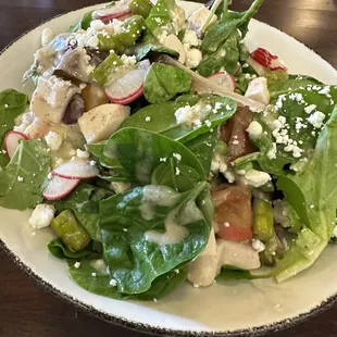 Mesclun Garden $16.00 plus chicken added Peas, Asparagus, Seasonal Greens, Radishes, Heirloom Tomatoes, Mint, Goat Cheese, Lemon Vinaigrette