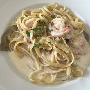 Fettuccine Alfredo with shrimp.
