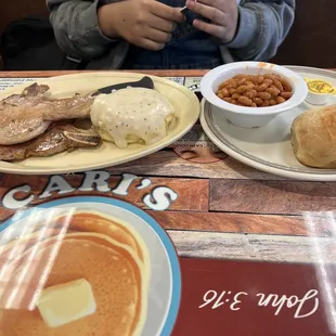 Pork chop plate mashed potatoes &amp; gravy, pork-n- beans &amp; roll