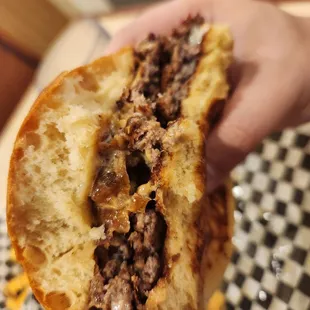 The inside of the Chuck/Brisket double burger.