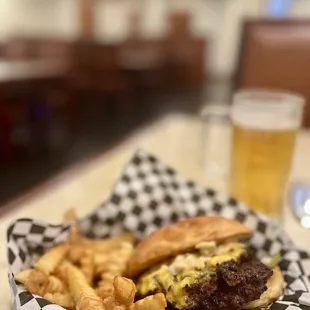 Classic ハンバーグ w Cheese, Pickles, Onions, Ninja Sauce. Yakuza double-up hambāgu for this Kyu-shu boy ^.^