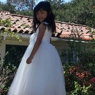 Testing out the party dress a couple days before.... near the pool with the hummingbirds, butterflies, and dragonflies.