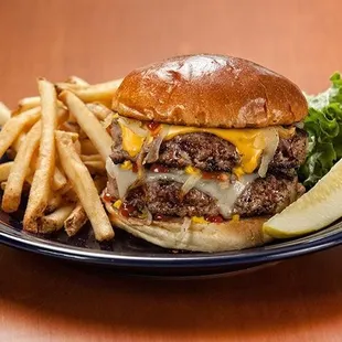 a cheeseburger and fries