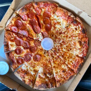 Carlesi's Restaurant in Worthington PA. Large 12-cut pizza half cheese half pepperoni.