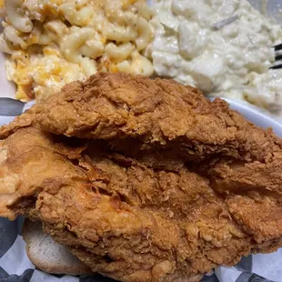 Potato Salad nice and warm! Fried chicken nice and crunchy. Macaroni and Cheese nice and cheesy