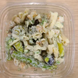 Green Goddess Pasta Salad (green and black olives, asparagus, chick peas, etc.)