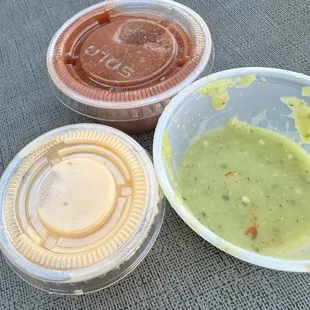 Sauces are good, but the orange one is BURNING HOT!! ...in a good way, but be careful