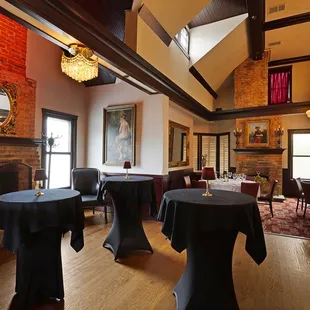 a dining room with a fireplace