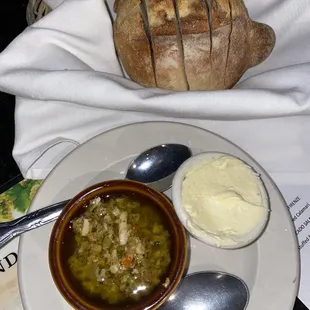 Fresh baked bread, whipped butter &amp; a yummy olive tapenade