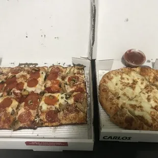 Large square pizza with pepperoni and mushrooms with shredded parmesan flavored crust and an order of parmesano sticks