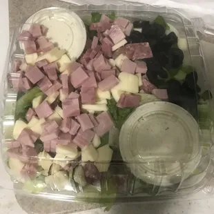 Large customized (that&apos;s why there&apos;s no tomatoes or green olives, ha) Antipasto salad. As you can see, LOTS of meat and cheese