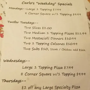 Carlo&apos;s Weekday Specials