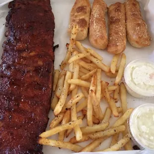 Full Rib dinner. Literally everything was so delicious. Even the fries and breadsticks!