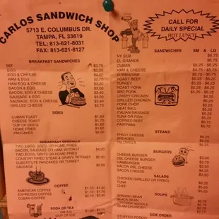 the menu for the sandwich shop