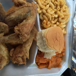 4 fried chicken wings. Macaroni and cheese. Candy yams.